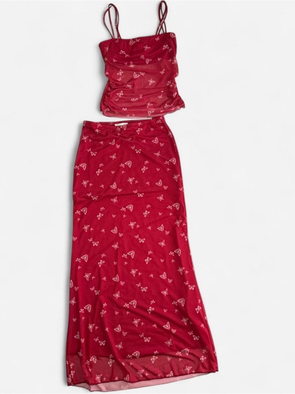 See You Monday Red Butterfly Cami Top & Maxi Skirt Set - Size S - Y2K - New